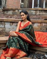 Green Color Soft Banarasi Silk Saree with Golden Zari Work - Image 2