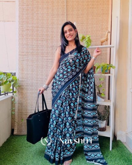 Neel kamal - Navy Blue Floral Linen Saree with Matching Blouse