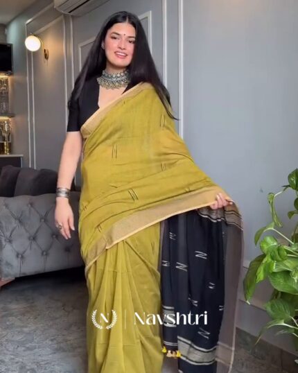 Sunehri - Lemon Yellow Linen Saree with Contrast Black Blouse