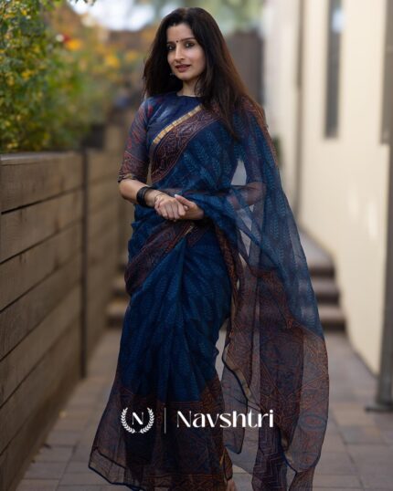 Neel Pushp - Floral Navy Linen Saree with Same-Tone Blouse Piece