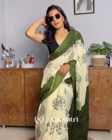 Leaf Aura - Green Linen Saree with Oversized Flower Motifs & Black Blouse