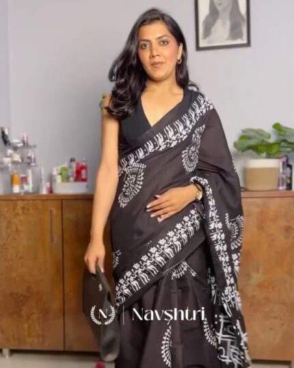 Kaala Nritya - Black Linen Saree with Bold Human Figure Pattern & Blouse