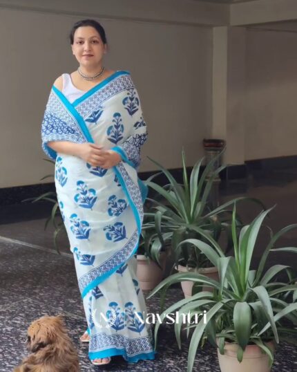 White Blossom - Pure Linen Saree with Large Blue Flower Art & Coordinated Blouse