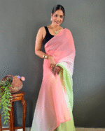 Pink And Green Color 1-Minute Ready To Wear Georgette Saree With Blouse Piece - Image 7