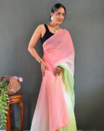 Pink And Green Color 1-Minute Ready To Wear Georgette Saree With Blouse Piece - Image 5
