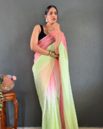 Pink And Green Color 1-Minute Ready To Wear Georgette Saree With Blouse Piece - Image 3