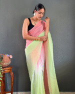 Pink And Green Color 1-Minute Ready To Wear Georgette Saree With Blouse Piece - Image 2