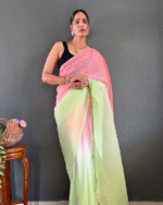 Pink And Green Color 1-Minute Ready To Wear Georgette Saree With Blouse Piece