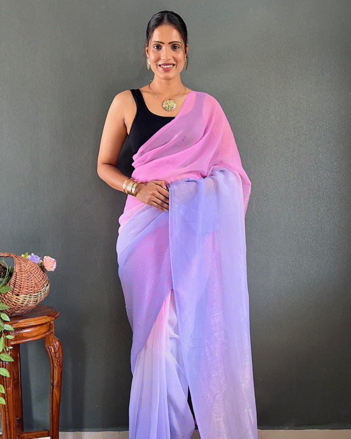 Light Purple Color 1-Minute Ready To Wear Georgette Saree With Blouse Piece - Image 1