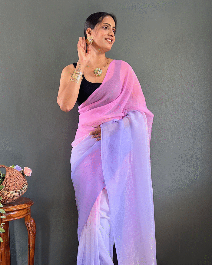 Light Purple Color 1-Minute Ready To Wear Georgette Saree With Blouse Piece - Image 3