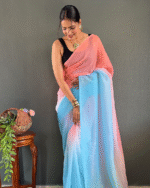 Pink And Blue Color 1-Minute Ready To Wear Georgette Saree With Blouse Piece - Image 7
