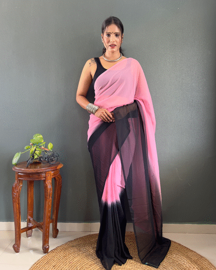 Light Pink And Black Color 1-Minute Ready To Wear Georgette Saree With Blouse Piece