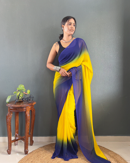 Yellow And Blue Color 1-Minute Ready To Wear Georgette Saree With Blouse Piece