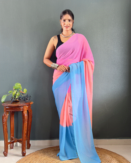 Pink And Blue Color 1-Minute Ready To Wear Georgette Saree With Blouse Piece