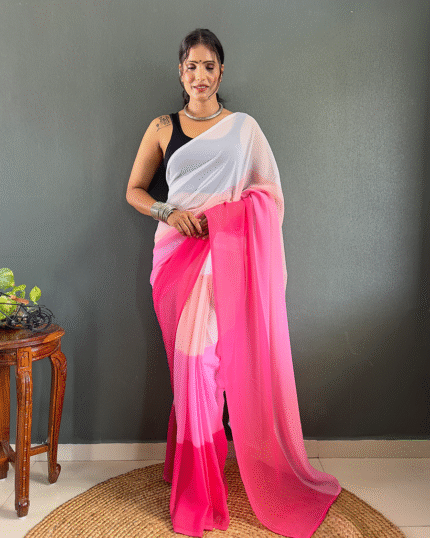 Pink And White Color 1-Minute Ready To Wear Georgette Saree With Blouse Piece