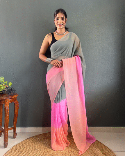 Grey And Pink Color 1-Minute Ready To Wear Georgette Saree With Blouse Piece