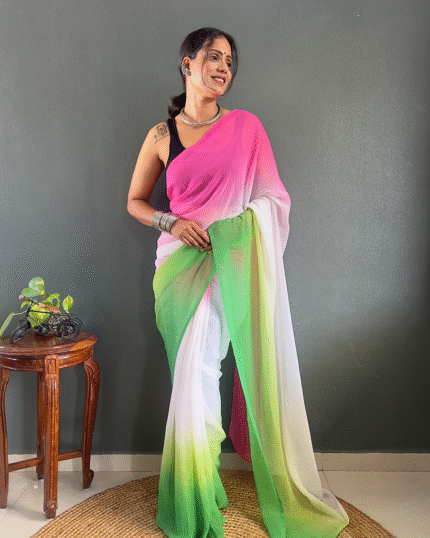 Pink And Green Color 1-Minute Ready To Wear Georgette Saree With Blouse Piece