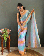 Light Blue Color 1-Minute Ready To Wear Georgette Saree With Blouse Piece - Image 3