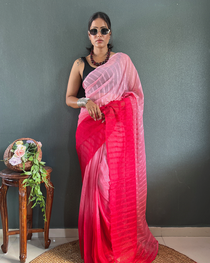 Light Peach Color 1-Minute Ready To Wear Georgette Saree With Blouse Piece - Image 1