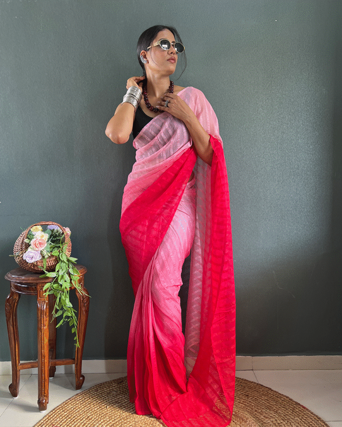 Light Peach Color 1-Minute Ready To Wear Georgette Saree With Blouse Piece - Image 2