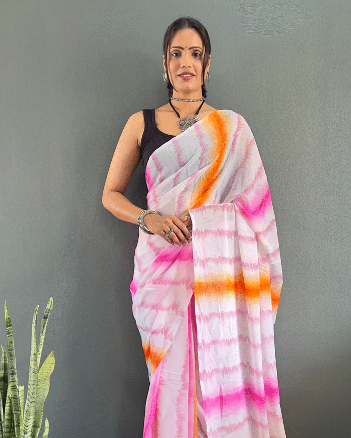 Light PinkColor 1-Minute Ready To Wear Georgette Saree With Blouse Piece - Image 1