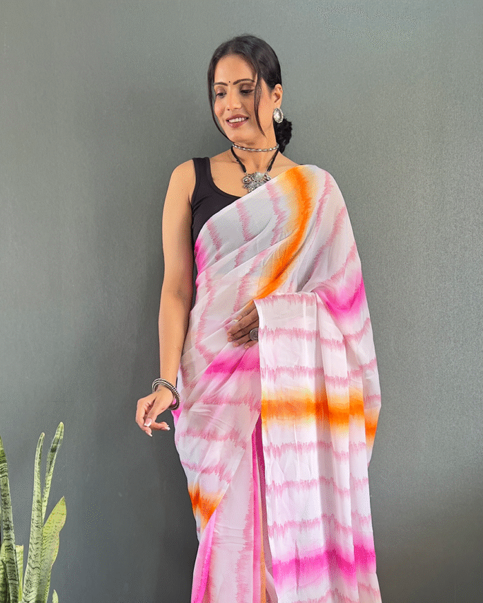 Light PinkColor 1-Minute Ready To Wear Georgette Saree With Blouse Piece - Image 2
