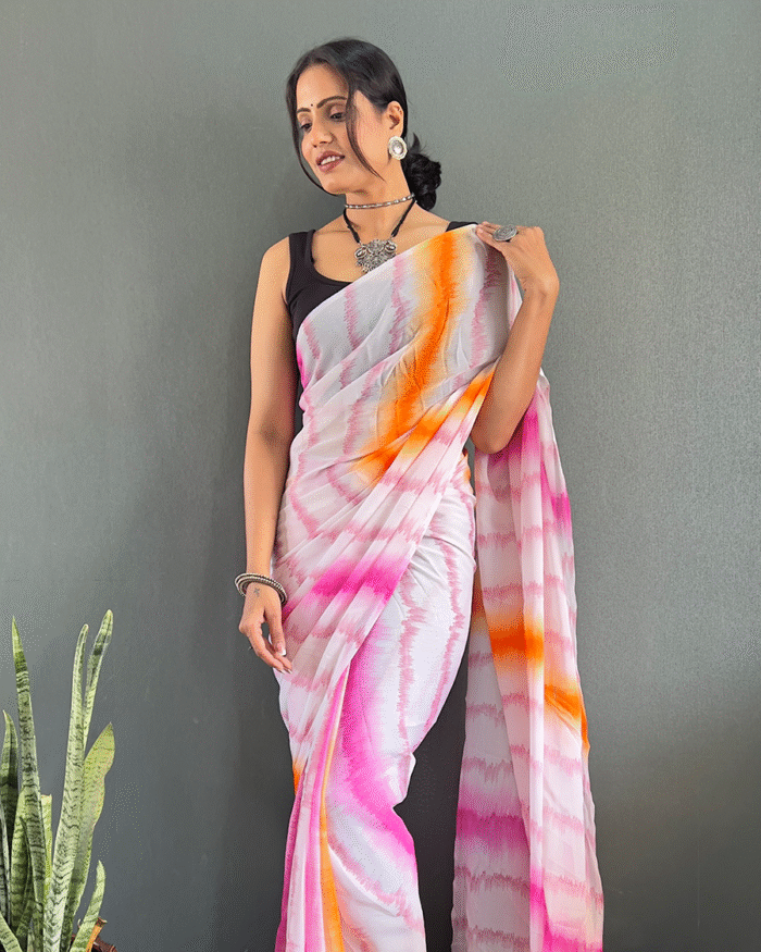 Light PinkColor 1-Minute Ready To Wear Georgette Saree With Blouse Piece - Image 4