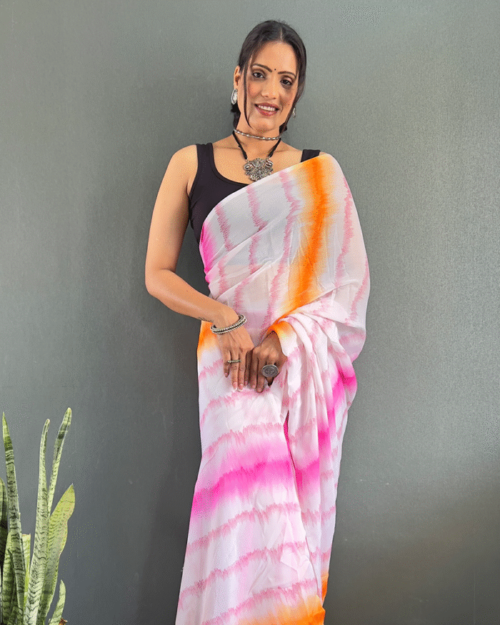 Light PinkColor 1-Minute Ready To Wear Georgette Saree With Blouse Piece - Image 6