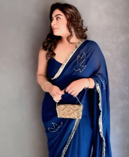 Blue Color Georgette 1 - Minute Ready to Wear Saree with Fully Stitch Blouse (Free Size) Up to 44