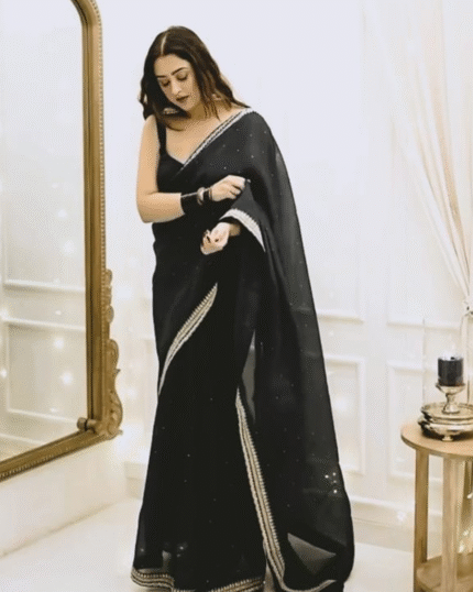 Black Color Organza 1 - Minute Ready to Wear Saree with Fully Stitch Blouse (Free Size) Up to 44