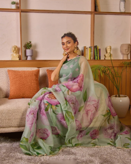 Light Green Color Organza 1 - Minute Ready to Wear Saree with Fully Stitch Blouse (Free Size) Up to 44