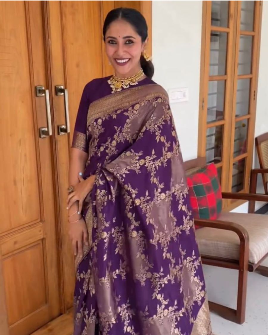 1 Purple Color Signature Line Soft Banarasi Silk Saree with Classy Bloue Piece - Image 1