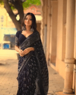 Black Color Cotton 1 - Minute Ready to Wear Saree with Blouse Piece