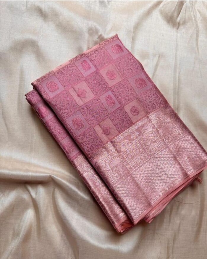 Light Pink Color New Drop Pure Golden Zari Work Soft Banarasi Silk Saree with Classy Bloue Piece - Image 1