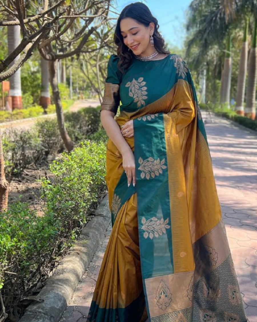 1 Musterd Yelow And Green Color Latest Add Soft Banarasi Silk Saree with Classy Bloue Piece - Image 1