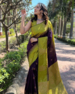 Parrot Green And Purple Color Recently Launched Soft Banarasi Silk Saree with Classy Bloue Piece - Image 2