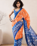 Orange And Blue Color Mulmul Cotton 1 - Minute Ready to Wear Saree with Pocket and Blouse Piece
