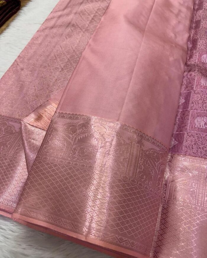 Light Pink Color New Drop Pure Golden Zari Work Soft Banarasi Silk Saree with Classy Bloue Piece - Image 2
