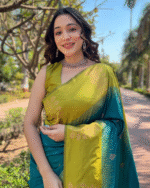 Parrot Green And Navy Blue Color Recent Release Soft Banarasi Silk Saree with Classy Bloue Piece - Image 2