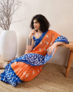 Orange And Blue Color Mulmul Cotton 1 - Minute Ready to Wear Saree with Pocket and Blouse Piece - Image 4