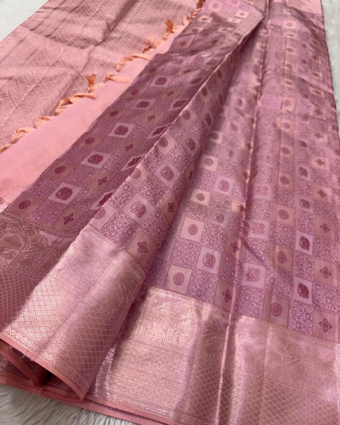 Light Pink Color New Drop Pure Golden Zari Work Soft Banarasi Silk Saree with Classy Bloue Piece - Image 3
