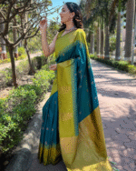 Parrot Green And Navy Blue Color Recent Release Soft Banarasi Silk Saree with Classy Bloue Piece - Image 3