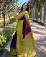 Parrot Green And Purple Color Recently Launched Soft Banarasi Silk Saree with Classy Bloue Piece