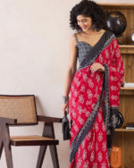 Red Color Mulmul Cotton 1 - Minute Ready to Wear Saree with Pocket and Blouse Piece