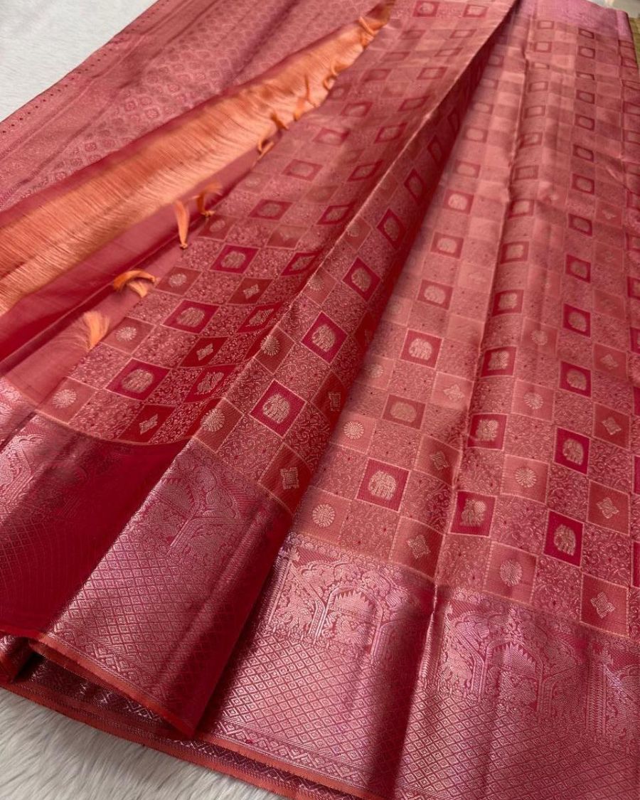4 Peach Color Now Available Pure Golden Zari Work Soft Banarasi Silk Saree with Classy Bloue Piece - Image 1