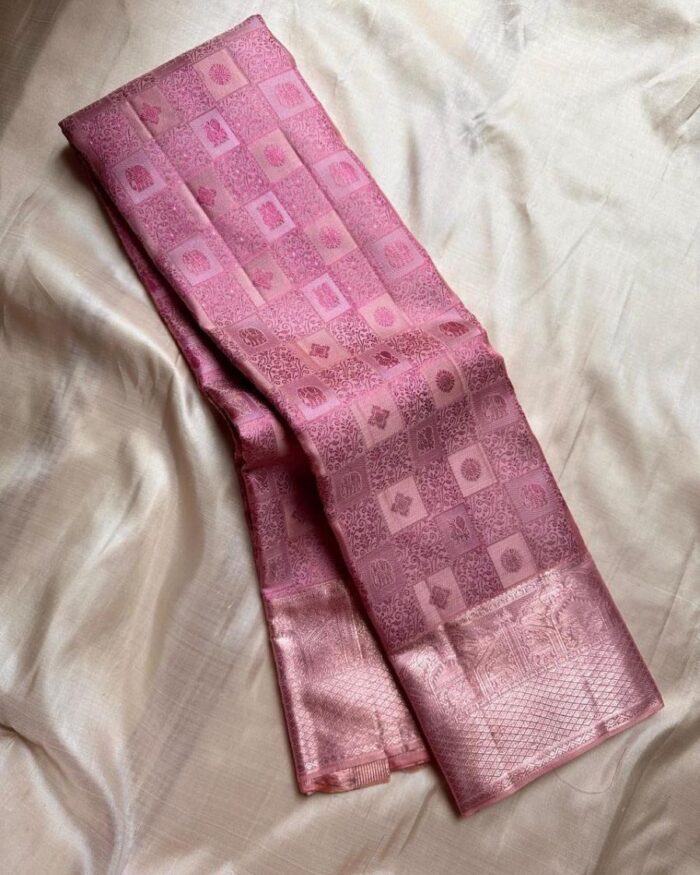 Light Pink Color New Drop Pure Golden Zari Work Soft Banarasi Silk Saree with Classy Bloue Piece - Image 4