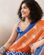 Orange And Blue Color Mulmul Cotton 1 - Minute Ready to Wear Saree with Pocket and Blouse Piece - Image 2
