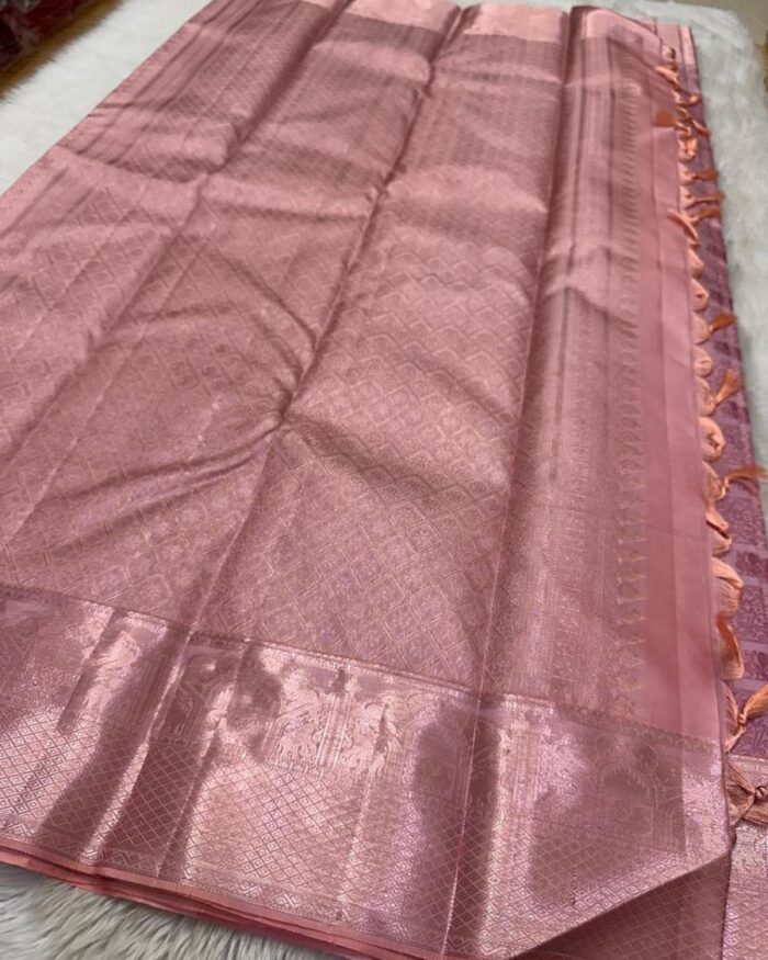 Light Pink Color New Drop Pure Golden Zari Work Soft Banarasi Silk Saree with Classy Bloue Piece - Image 5