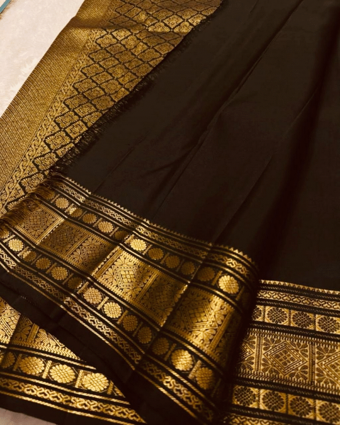 Black Color Curated Quality Pure Golden Zari Work Soft Banarasi Silk Saree with Classy Bloue Piece - Image 2