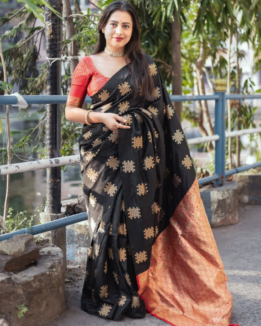 CMR-00251 Black Color Just In Soft Banarasi Silk Saree with Classy Bloue Piece - Image 1
